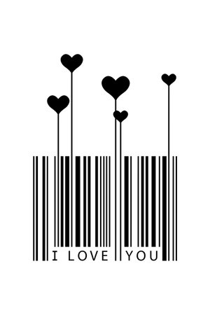 Valentines Day concept, creative barcode Design, I Love You text and heart symbols, black vector logo silhouette isolated on white backgroundのイラスト素材