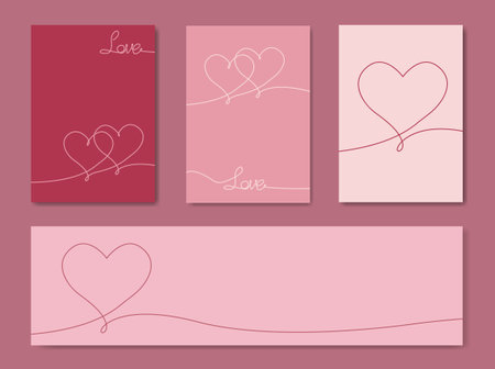 Happy Valentines day set greeting card. Creative Banners Design. Love text and heart symbols, line art hand drawn style. Copy space for sale header or voucher template, vector pink backgroundのイラスト素材