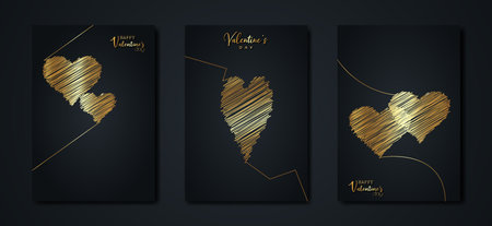 Valentines day set black card. Gold hand drawn hearts. Golden scribble marker symbols. Holiday poster background. Concept for banner, flyer, party invitation, jewelry gift shopのイラスト素材