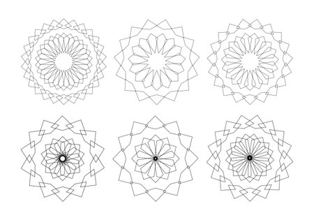 Set Geometric Flower Mandala in arabic style. Sacred Geometry. Logo business Concept for luxury products, hotels, boutiques, jewelry, oriental cosmetics, restaurants, shops, stores. Vector isolatedのイラスト素材