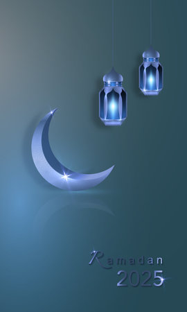 Ramadan 2025 vertical banner, 3D gold crescent moon and Arabic Hanging light Lamps, holiday greeting traditional islamic design. Blue light background with copy space for your textのイラスト素材