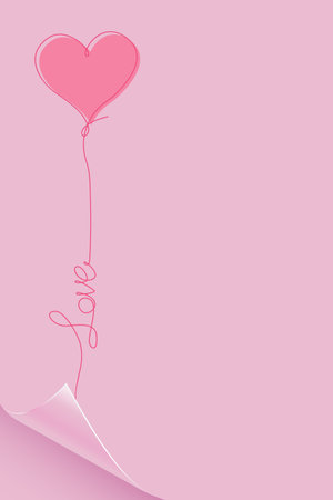 Love, heart balloon symbol on pink curled page. Valentine's day or Mother's day frame border concept hand drawn style, line art, minimalist paper card template, copy space, vector illustrationのイラスト素材