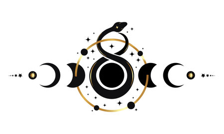 Moon Phases border frame and Mystical snake, wicca banner celestial sign. Triple moon pagan Wiccan goddess symbol, Sacred geometry, wheel of the year, vector isolated on white backgroundのイラスト素材