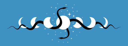 Celestial Moon Phases and mystical sacred snakes border frame, wicca banner sign. Triple moon pagan Wiccan goddess symbol, boho style, vector isolated on light blue backgroundのイラスト素材