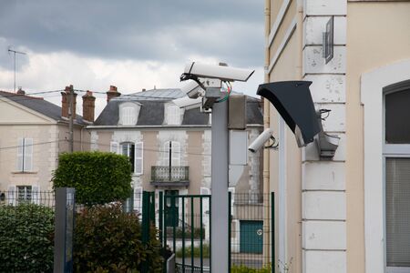 Silver CCTV Camera. Safety surveillance. Outdoor technology