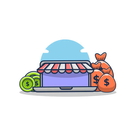 laptop, coin and money bag cartoon vector illustration design. flat cartoon style online shop design conceptのイラスト素材