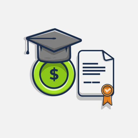graduation hat, coin, and graduation letter cartoon vector illustration design. scholarship design concept. flat cartoon styleのイラスト素材