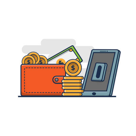 smart phone, wallet, money and coins cartoon vector illustration design. online business design concepts. flat cartoon styleのイラスト素材