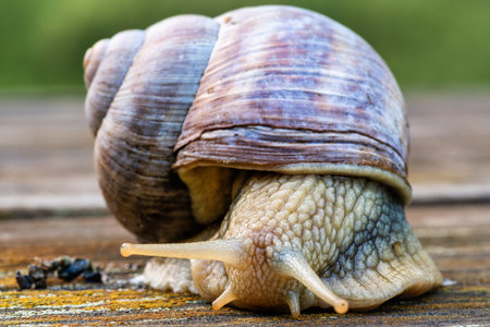 Close-up of a crawling Roman snail (Helix pomatia) on a substrate of wood in nature.の写真素材