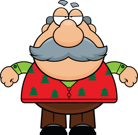 Cartoon illustration of an old man with a grumpy expression in a Christmas sweater.のイラスト素材