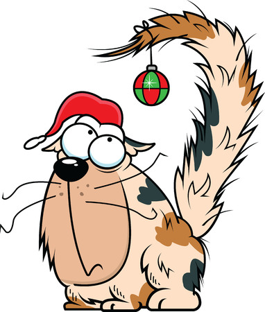 Illustration of a cat with a Christmas ball tied to its tail.のイラスト素材