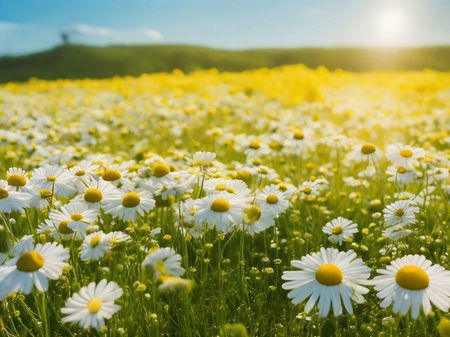 Field of daisies on a sunny day. Beautiful summer landscape.の素材