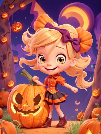 Little girl in halloween costume with pumpkins - illustration for childrenの素材