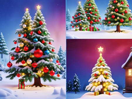 Christmas and New Year background with fir tree and christmas decorations.の素材