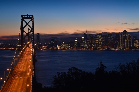 San Francisco Bay Bridge at Nightの写真素材
