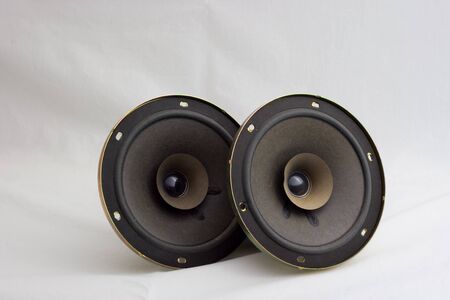 A pair of car speakers before assembled into a car. Shot on a white isolated background.の写真素材