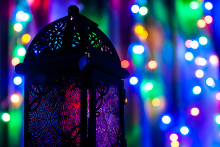 Arabic lantern on colorful light background. Ramadan, Eid concept backgroundの写真素材