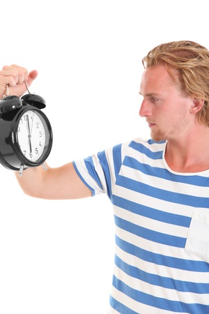 Angry at time  Wearing blue striped shirt  White background の写真素材