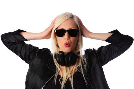Attractive DJ wearing headphones and sunglasses, blonde hair  White background の写真素材