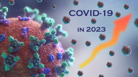 Increase of covid corona cases in 2023. Virus in detail 3d rendering. Arrow going upの写真素材