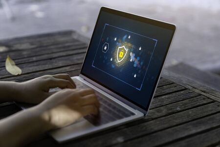 Laptop Computer with Data protection, Cyber security, information safety and encryption concept....