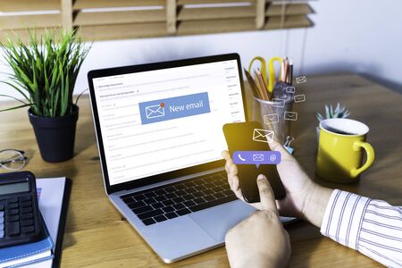 Contact us or Customer support hotline people connect. Businessman using a mobile phone with the...