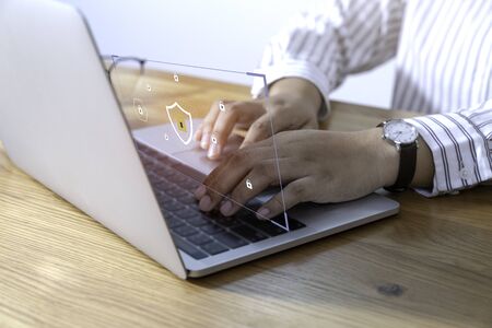 Laptop Computer with Data protection, Cyber security, information safety and encryption concept. internet technology and business concept, Mockup with copy space.の写真素材