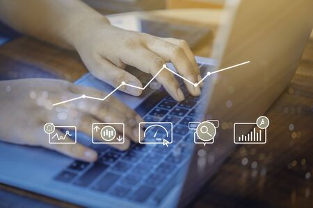 Person using a laptop computer with dIgital marketing technology concept. new startup project online...