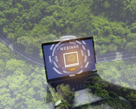 Double exposure business woman's hands using Laptop Computer with Webinar E-business Browsing...