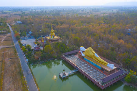 Aerial view with Wat Pa Kittiya Nuson at Amphoe Phu Wiang in Khon Kaen province, Thailand.のeditorial素材
