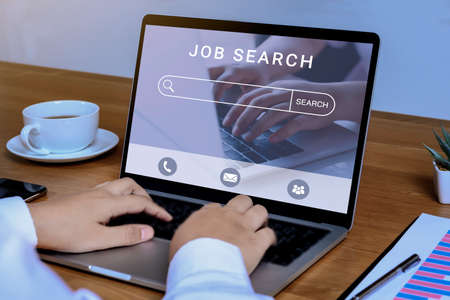 Job search concept, find your career, woman using laptop with job search at online website on screen.の写真素材