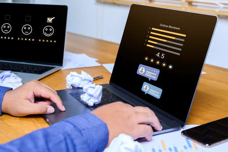 Consumer online review concepts with bubble people review comments and rating or feedback for...