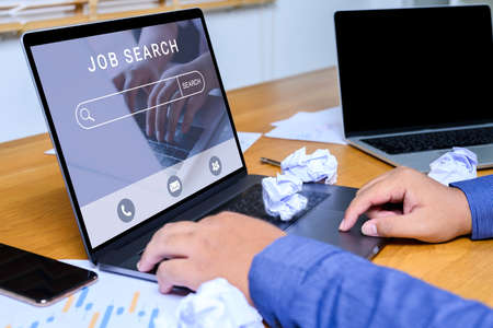 Job search concept, find your career, woman using laptop with job search at online website on screen.の写真素材