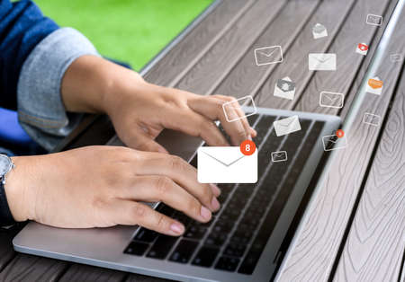 Email marketing and newsletter concept, Hand of woman sending message with mail communication...