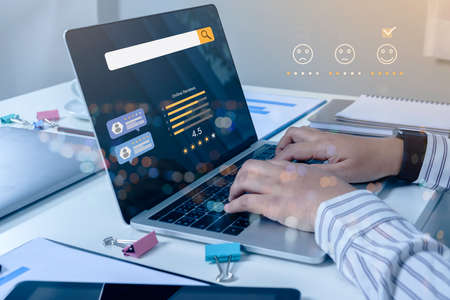 Consumer online review concepts with bubble people review comments and rating or feedback for...