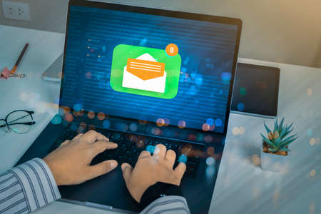 Contact us or Customer support hotline people connect. Businessman using a laptop computer with the...