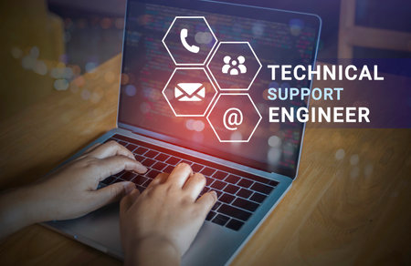 Double exposure, Technical support software engineer. call center support and customer service help, concept for communication and technology.の写真素材