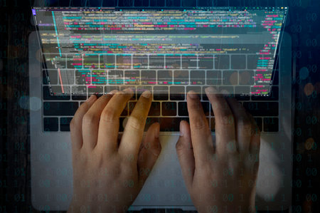 Double exposure with Digital technology, software development, IoT concept. Woman programmer,...