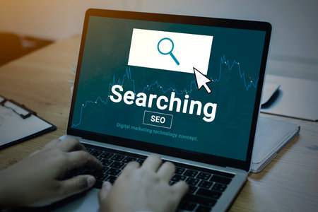 Searching SEO Homepage Navigation Information, Search Engine Optimization concept with laptop computer.の写真素材