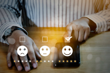 Consumer online review concepts with bubble people review comments and rating or feedback for evaluate.の写真素材