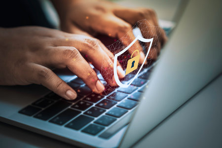 Laptop Computer with Data protection, Cyber security, information safety and encryption concept. internet technology and business concept.の写真素材