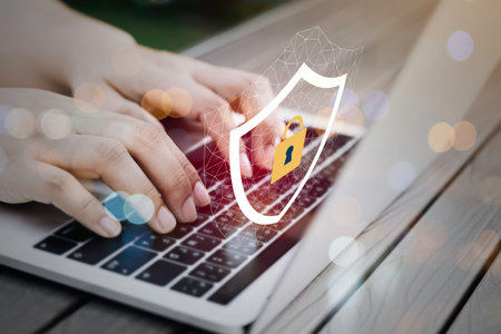 Laptop Computer with Data protection, Cyber security, information safety and encryption concept. internet technology and business concept.の写真素材