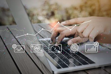 Person using a laptop computer with dIgital marketing technology concept. new startup project online...