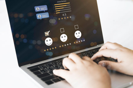 Consumer online review concepts with bubble people review comments and rating or feedback for evaluate.の写真素材