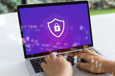 Laptop computer with technology cybersecurity and privacy concept. protection and safe data for global network security.の写真素材