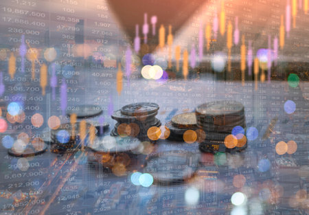 Double exposure of Stock market or forex trading graph for financial investment concept. Economy trends background for business idea and all art work design. Abstract finance background.の写真素材