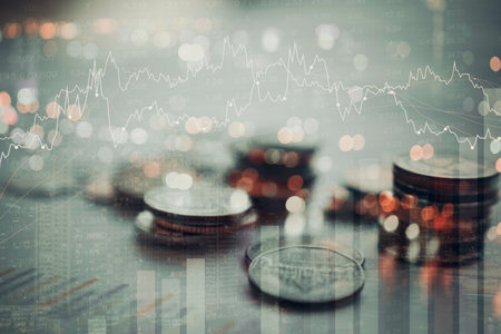 Double exposure of Stock market or forex trading graph for financial investment concept. Economy trends background for business idea and all art work design. Abstract finance background.の写真素材