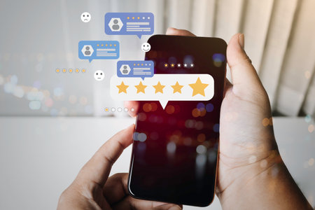 Consumer online review concepts with bubble people review comments and rating or feedback for evaluate.の写真素材