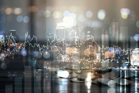 Double exposure of Stock market or forex trading graph for financial investment concept. Economy trends background for business idea and all art work design. Abstract finance background.の写真素材