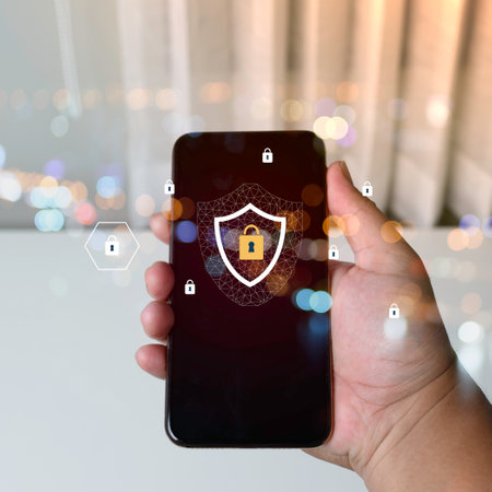 Smartphone with technology cybersecurity and privacy concept. protection and safe data for global network security.の写真素材